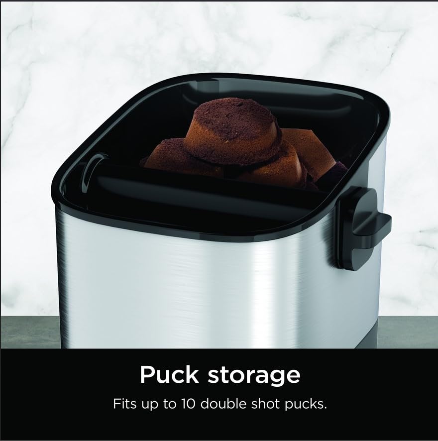 Ninja Luxe Café Knock Box puck storage holds up to 10 double pucks.
