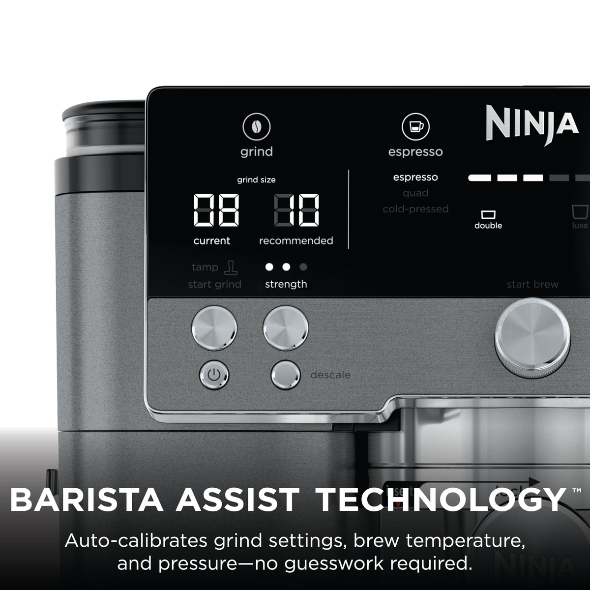 Ninja Luxe Café Premier barista assist interface guiding grind size and dosing.