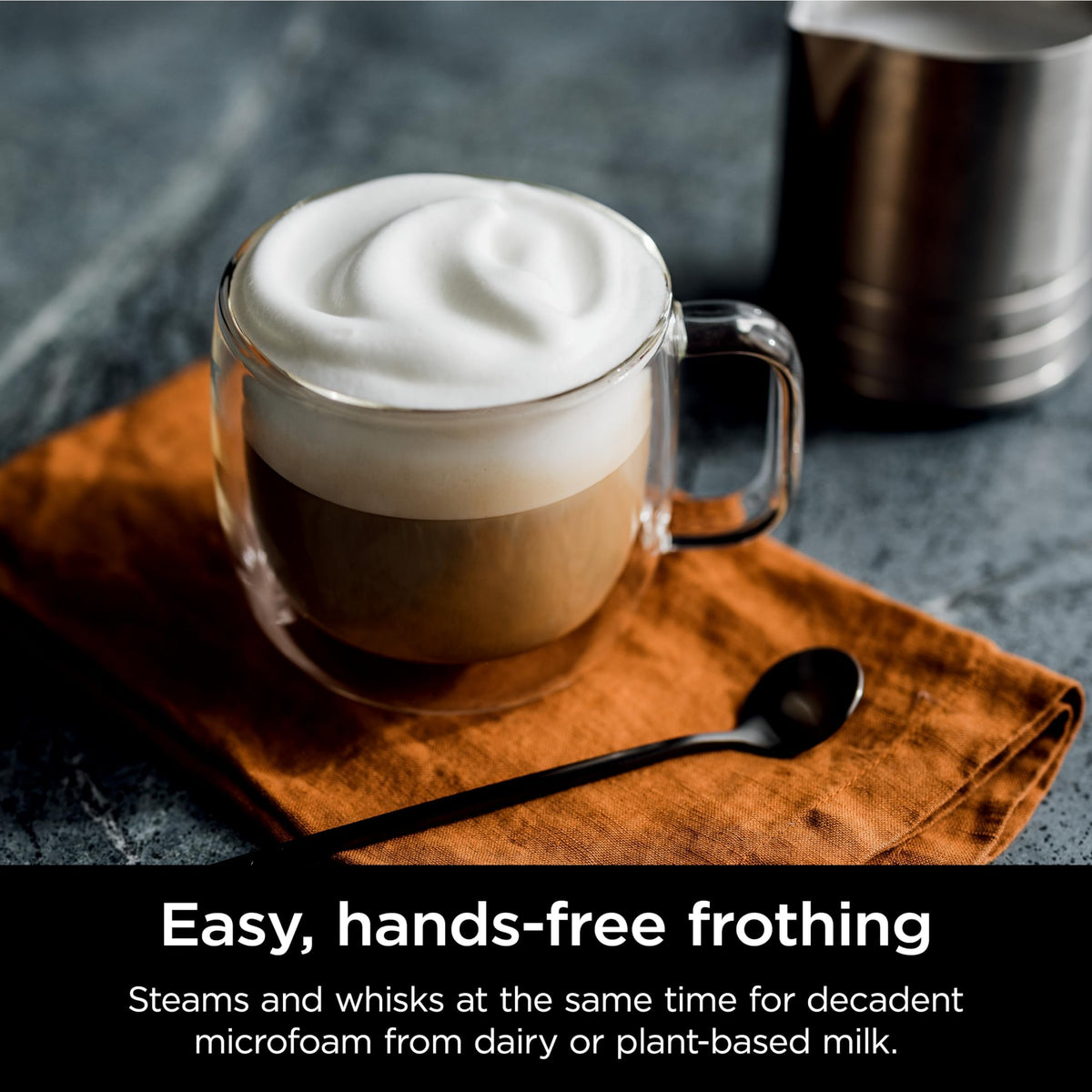 Ninja Luxe Premier dual froth system with steam whisk for silky microfoam.