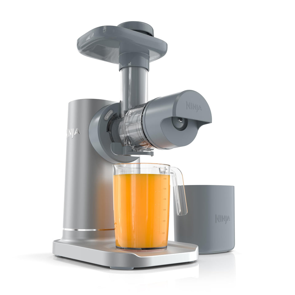 Ninja NeverClog juicer front view showing compact footprint for small kitchens
