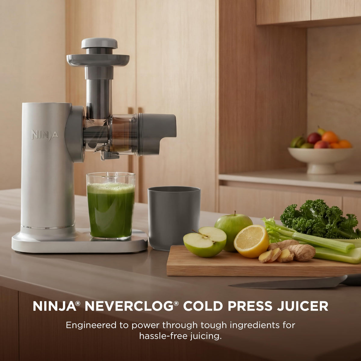 Ninja NeverClog juicer top view highlighting streamlined design for setup