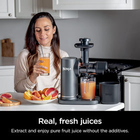 Ninja NeverClog juicer auger assembly shown; low-speed rotation preserves flavor.