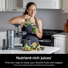 Ninja NeverClog juicer compact size; fits under cabinets for easy storage.