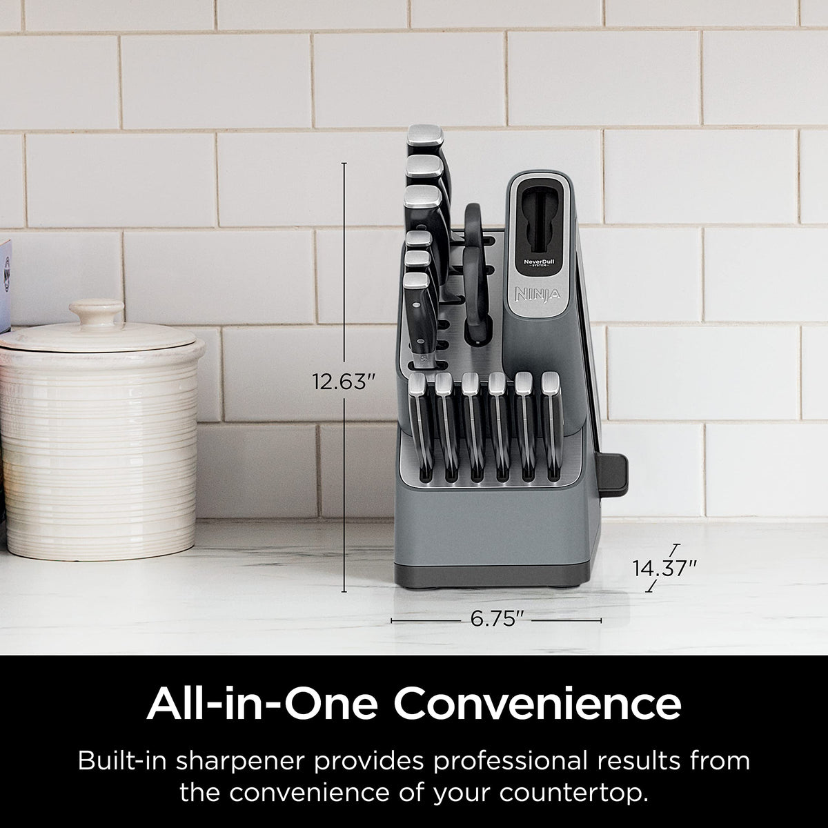 Ninja NeverDull six steak knives neatly arranged.
