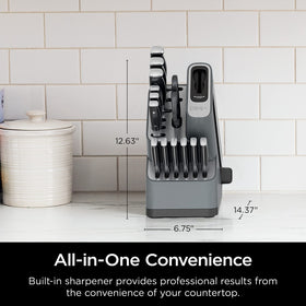 Ninja NeverDull six steak knives neatly arranged.