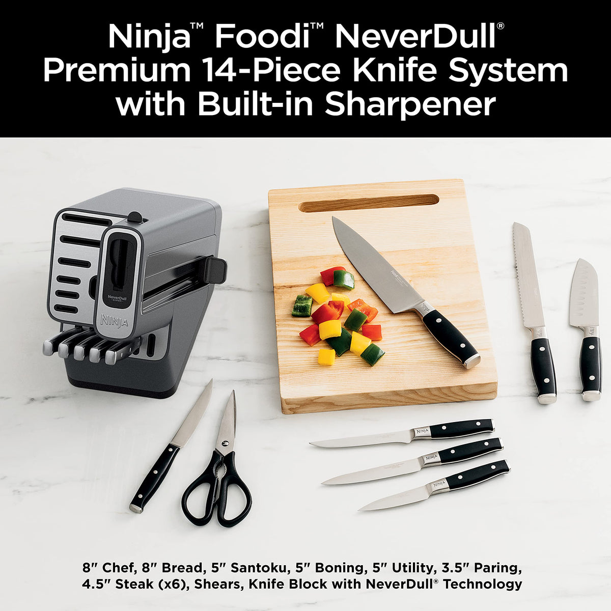 Ninja NeverDull 8-inch chef knife blade in gleaming stainless steel.