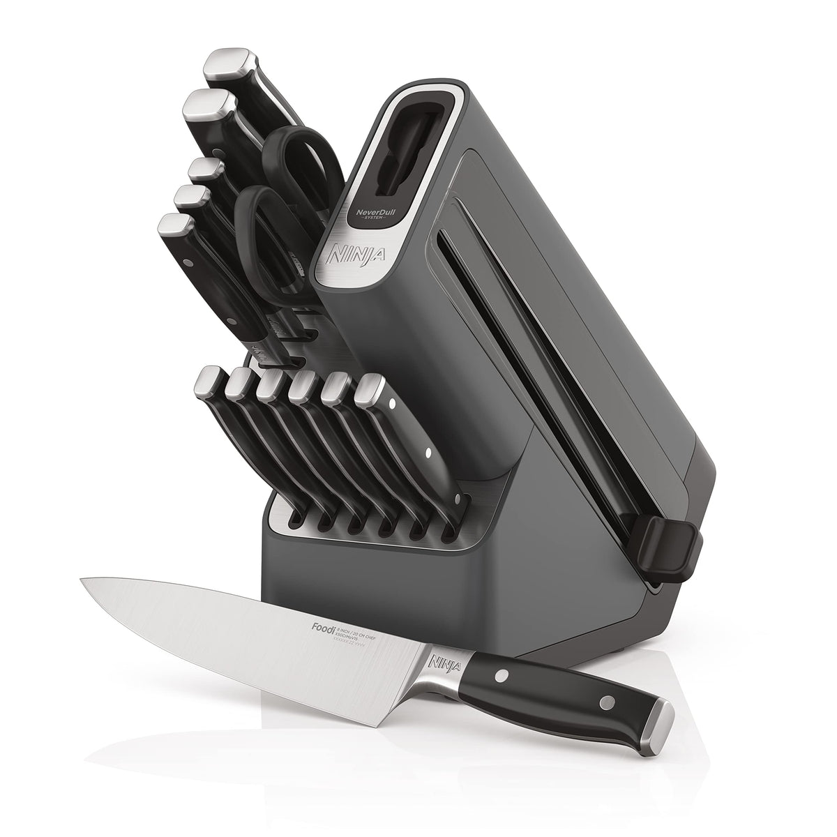 Ninja NeverDull knife block on counter with blades ready for precise slicing.