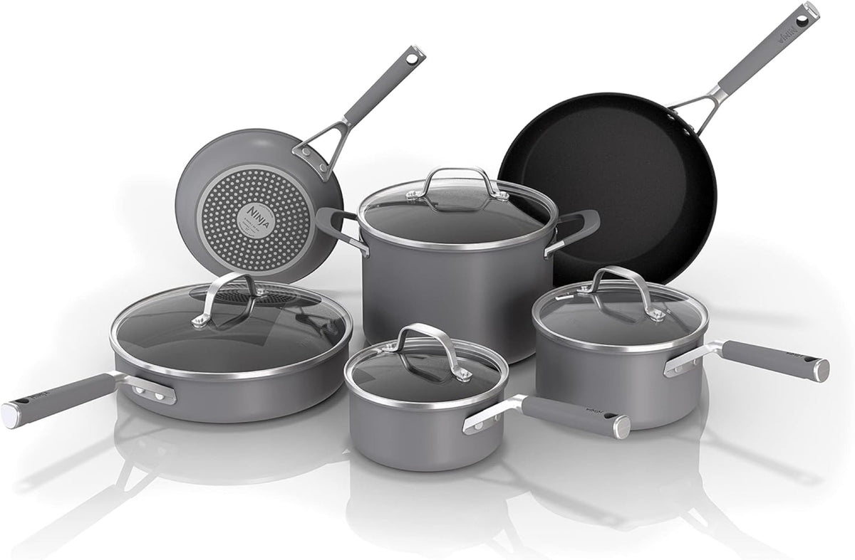 Ninja NeverStick Pro 10pc set, front view, showcasing versatile nonstick cookware.