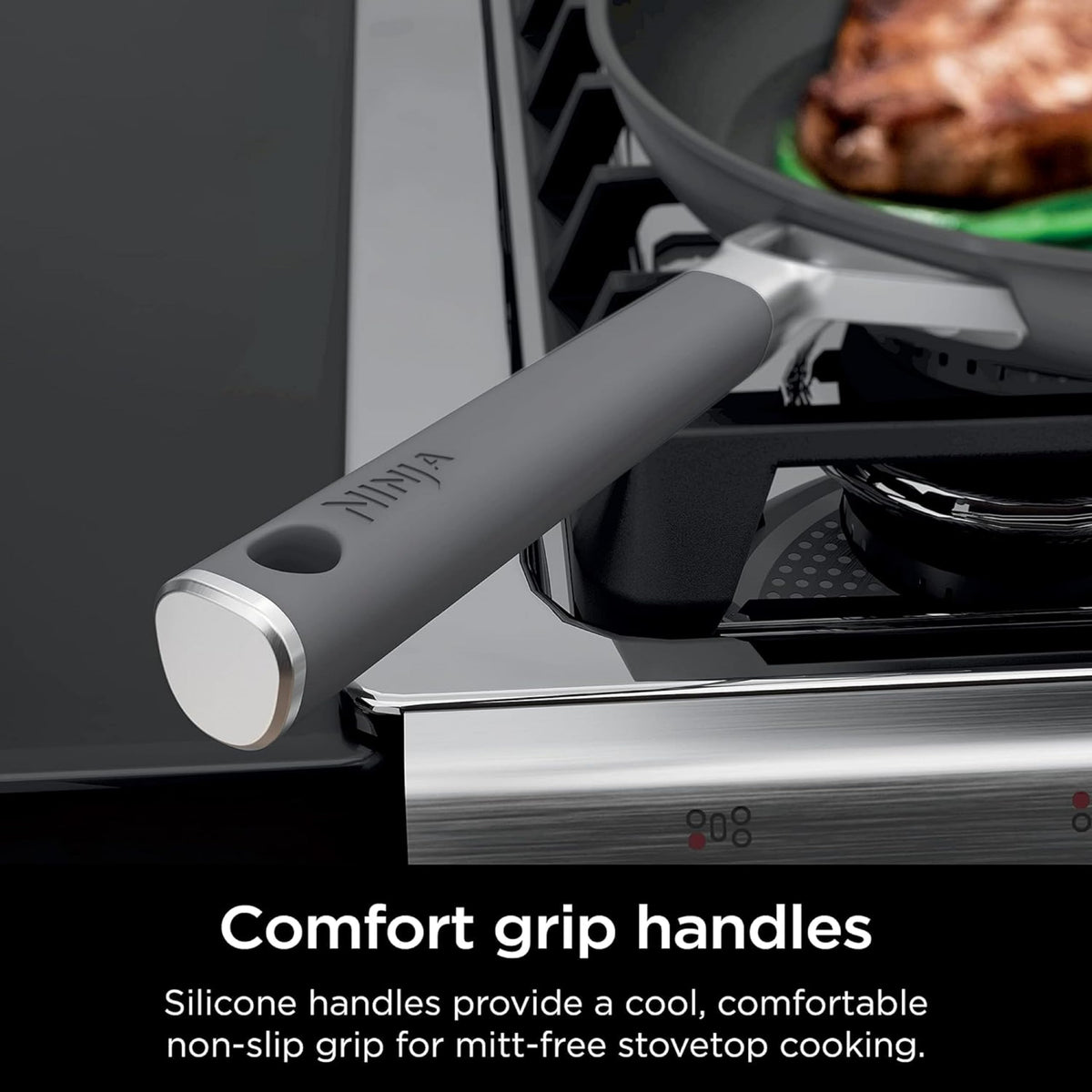 Ninja NeverStick Pro exterior close-up highlighting durable hard‑anodized finish.