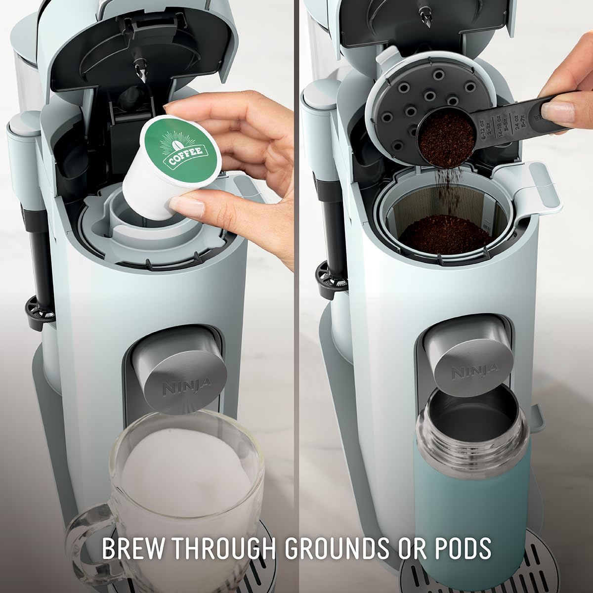 Ninja PB051GB built-in frother demonstrates easy milk frothing for cafe-style drinks.