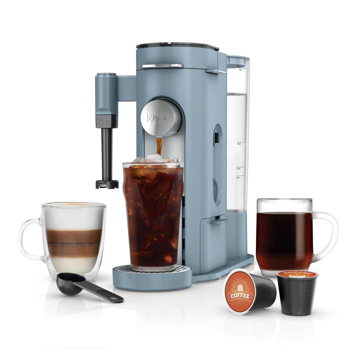 Ninja PB055ABL pod-grounds XL coffee maker shows versatile single-serve brewing with pods or grounds.