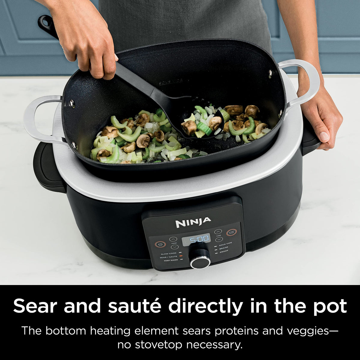 Ninja PossibleCooker Plus oven-safe pot up to 500°F for finishing dishes.