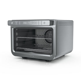 Ninja Prestige Smart XL front view showing sleek stainless steel design and spacious cooking area for family meals.