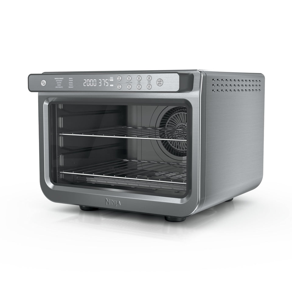 Ninja Prestige Smart XL front view showing sleek stainless steel design and spacious cooking area for family meals.