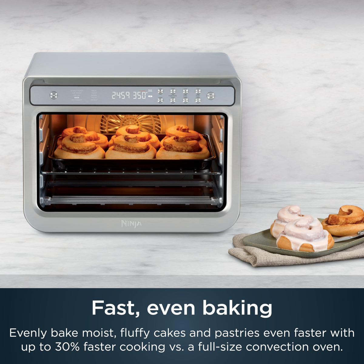 Ninja Prestige Smart XL handles toast and bagels evenly on a rack for quick breakfasts.