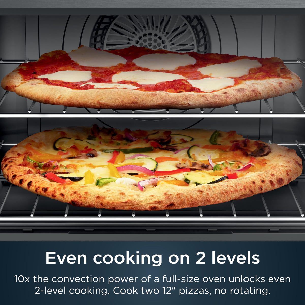 Ninja Prestige Smart XL oven two-level cooking without rotation for even family-friendly meals.