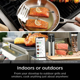 Ninja ProChef probe in a smoker for hands-free cooking guidance outdoors.