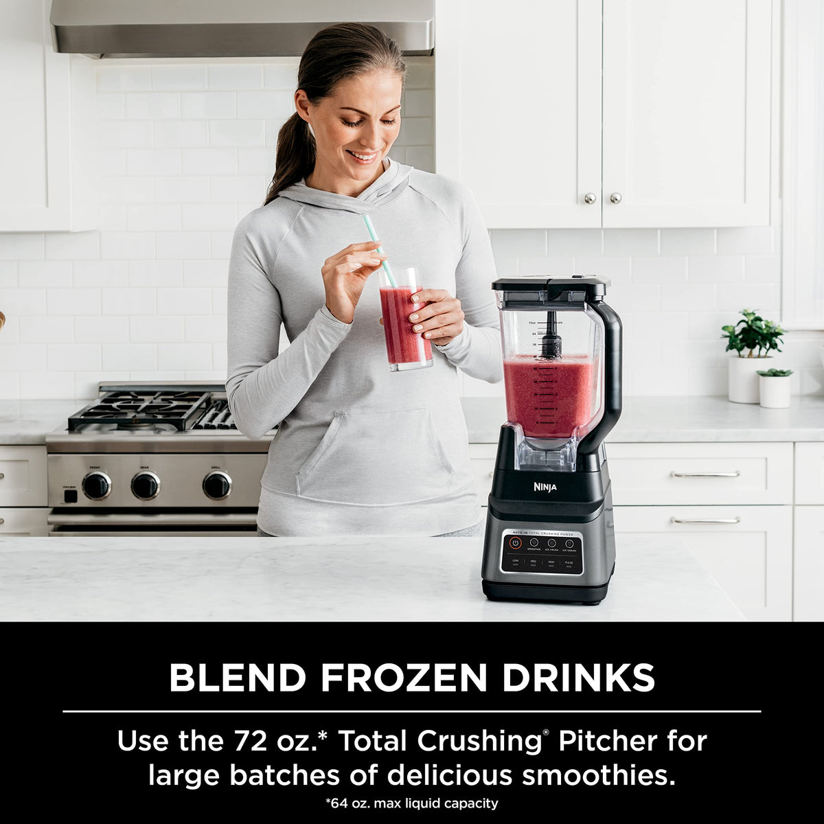 Ninja Professional Plus blender pitcher showing a 72-ounce capacity for family batches.