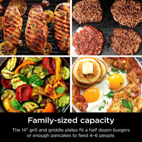 Ninja Sizzle pancakes cooking on flat-top griddle for fluffy stacks