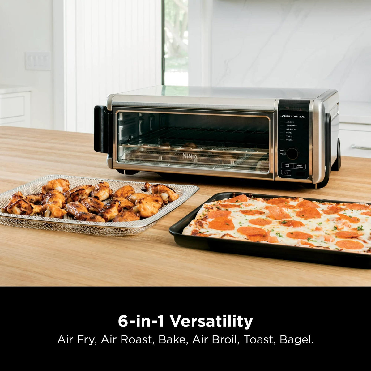 Ninja SP080 Foodi Digital Air Fry Oven open view illustrating easy access to meals.