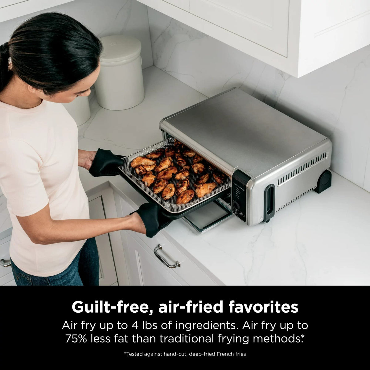 Ninja SP080 Air Fry Oven side angle highlighting slim footprint and 6-in-1 functionality.