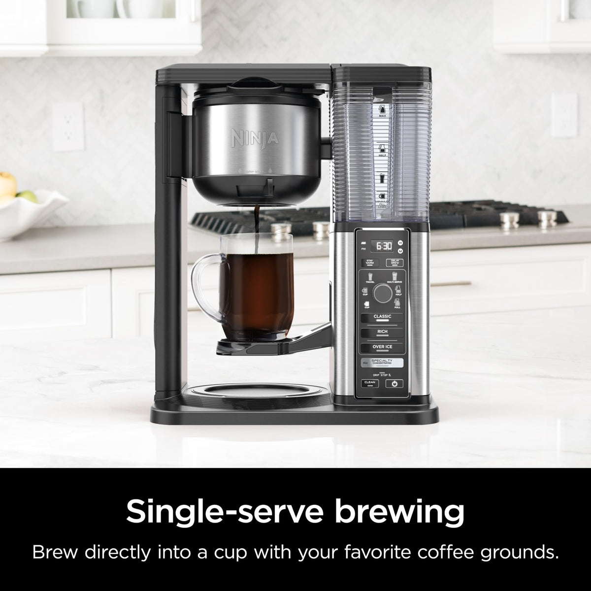 Ninja CM401 over-ice view shows flavorful iced coffee that stays bold.