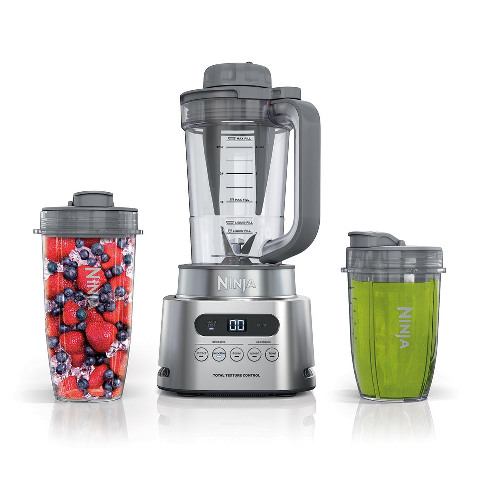 Ninja TWISTi blender pitcher shown with 34-ounce capacity for family smoothies.