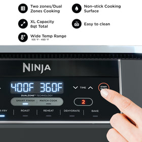 Ninja two independent baskets in action for simultaneous cooking of different foods.