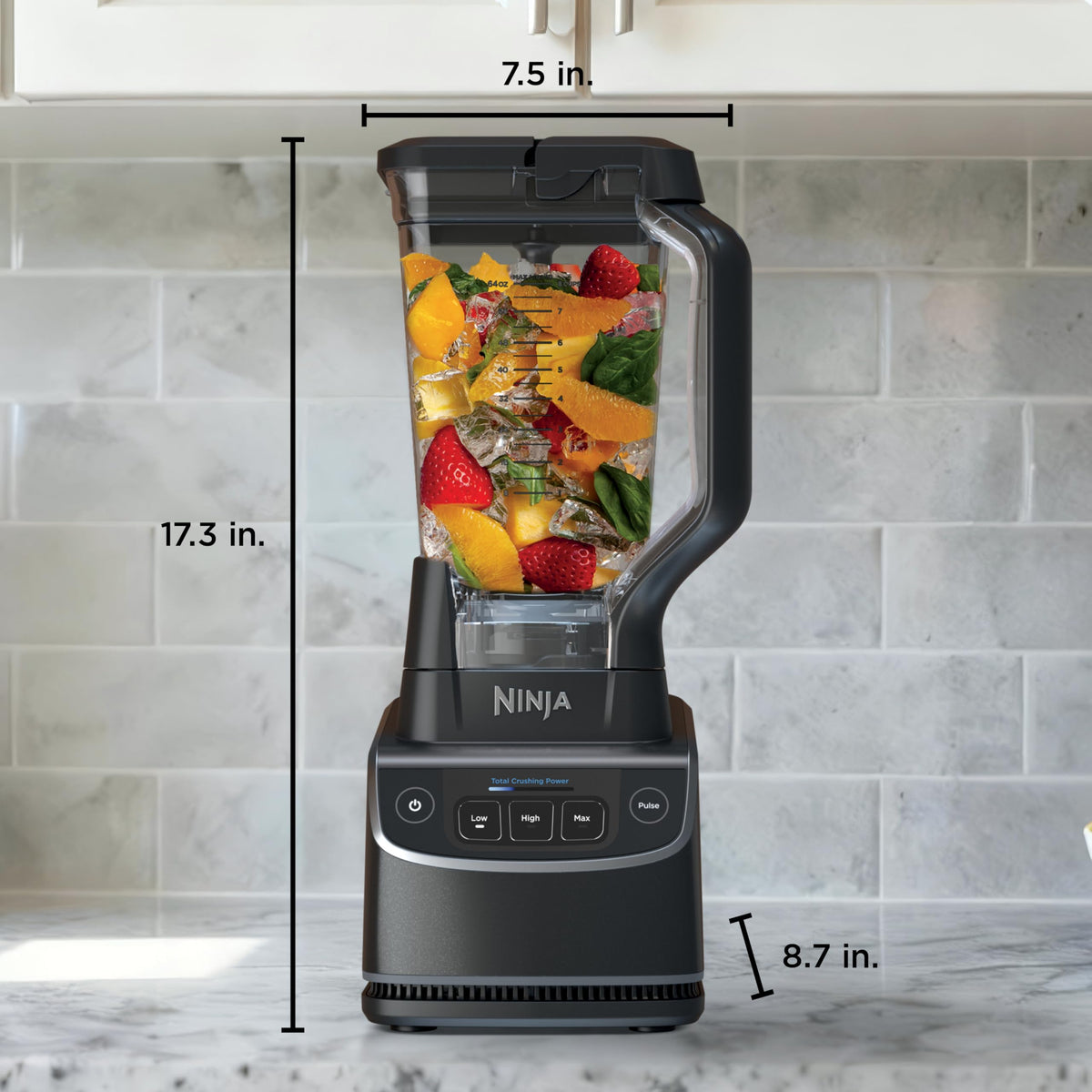 Ninja UltraCrush Pro sleek black blender on a modern kitchen counter.