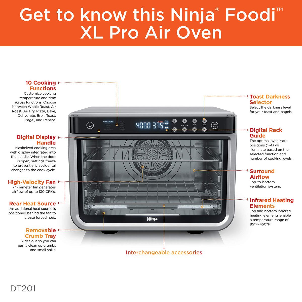 Included accessories: pans, racks, air fry basket, crumb tray.