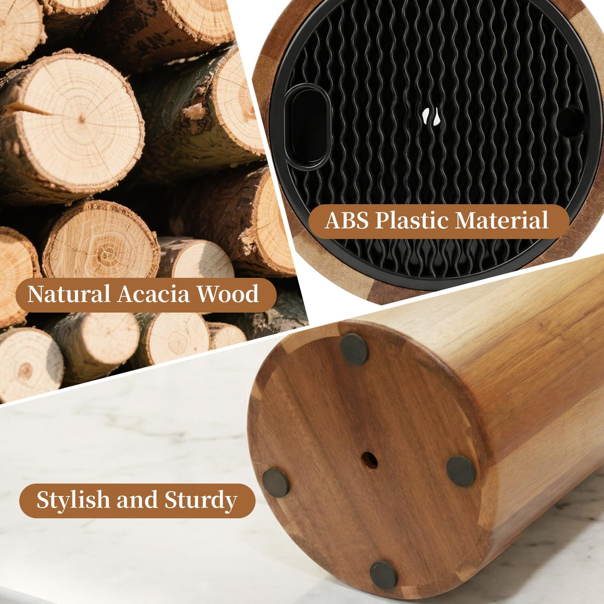 Ninonly acacia wood knife block highlights natural grain and durability.