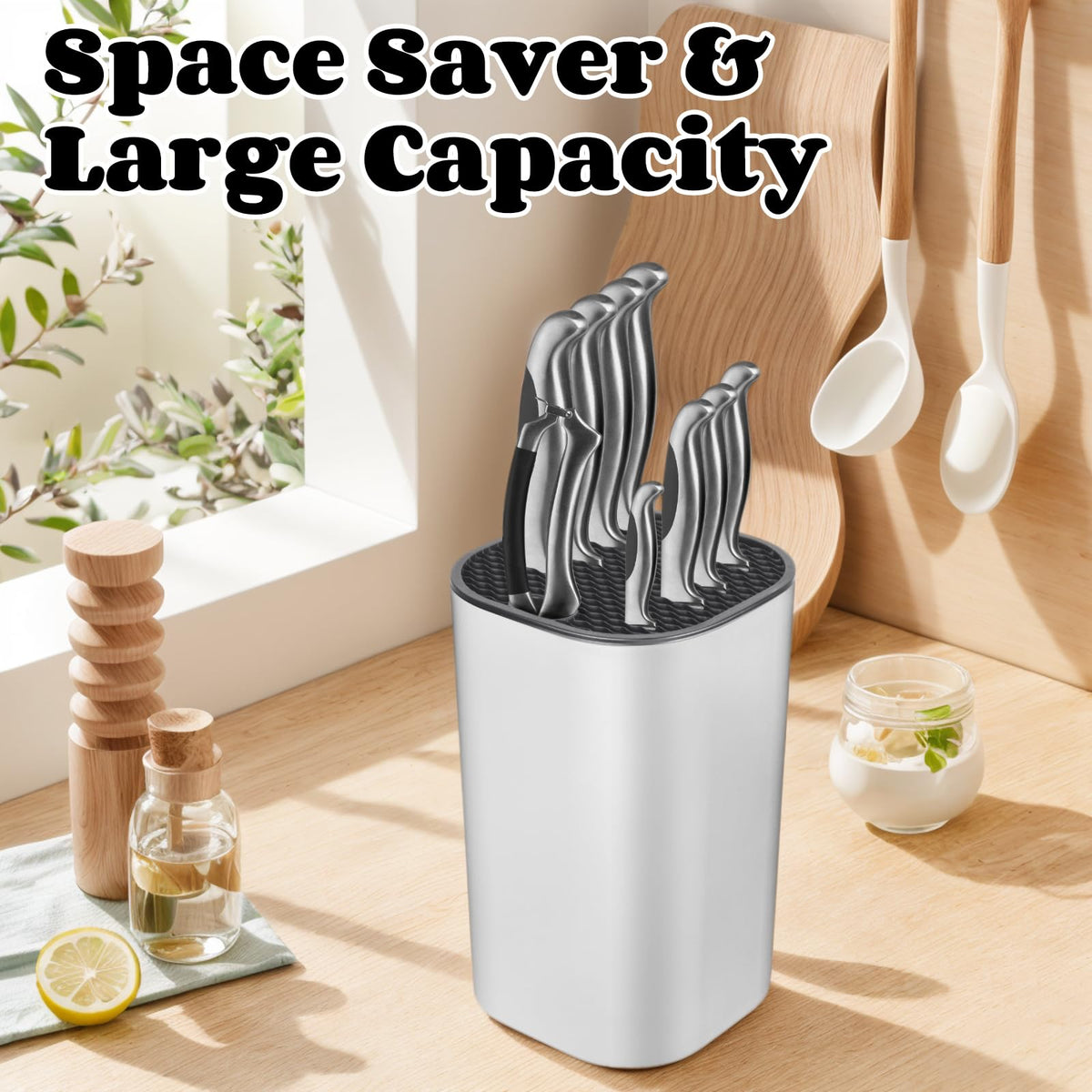 Ninonly knife block on a clean counter in a stylish kitchen