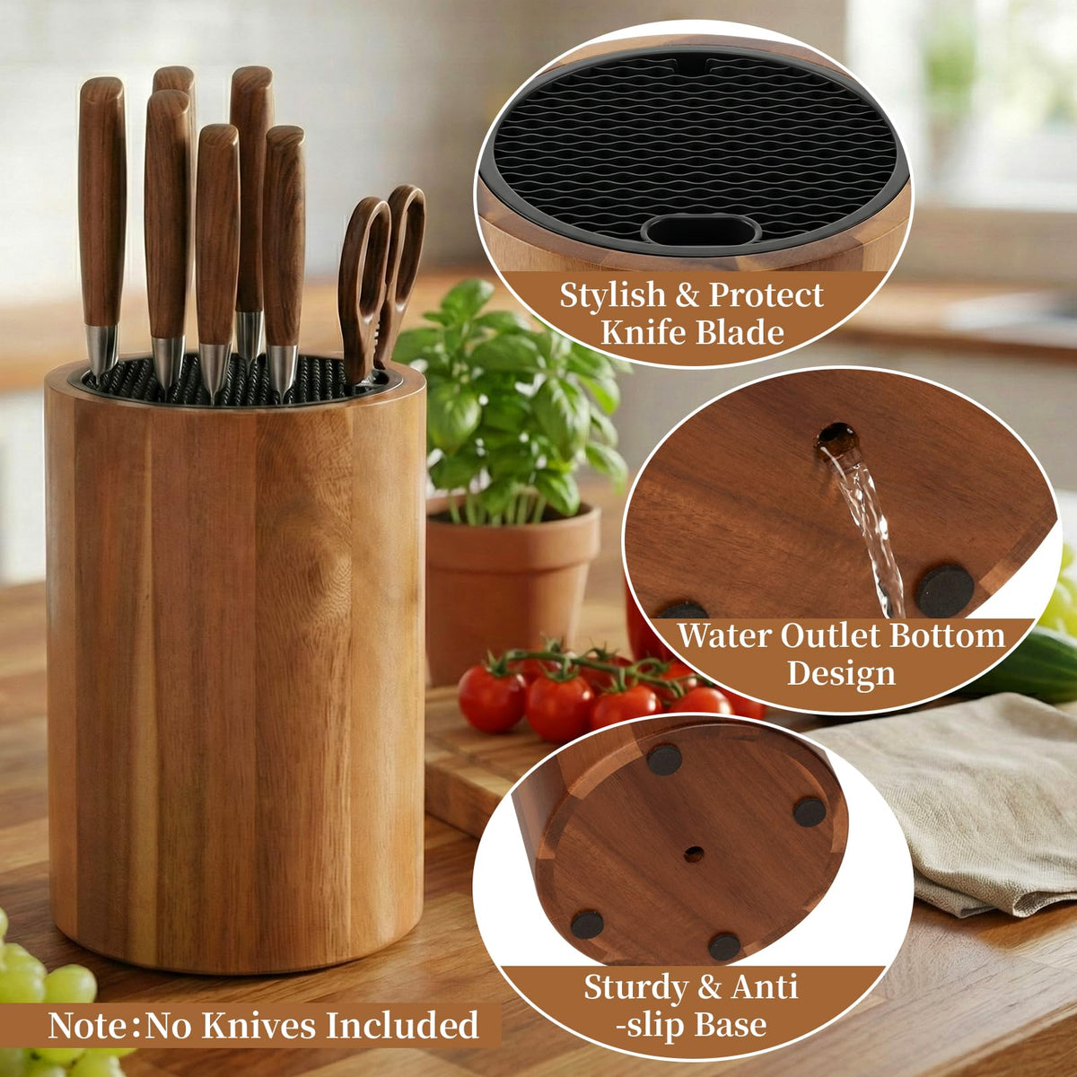 Ninonly knife block non-slip base prevents countertop movement during use.