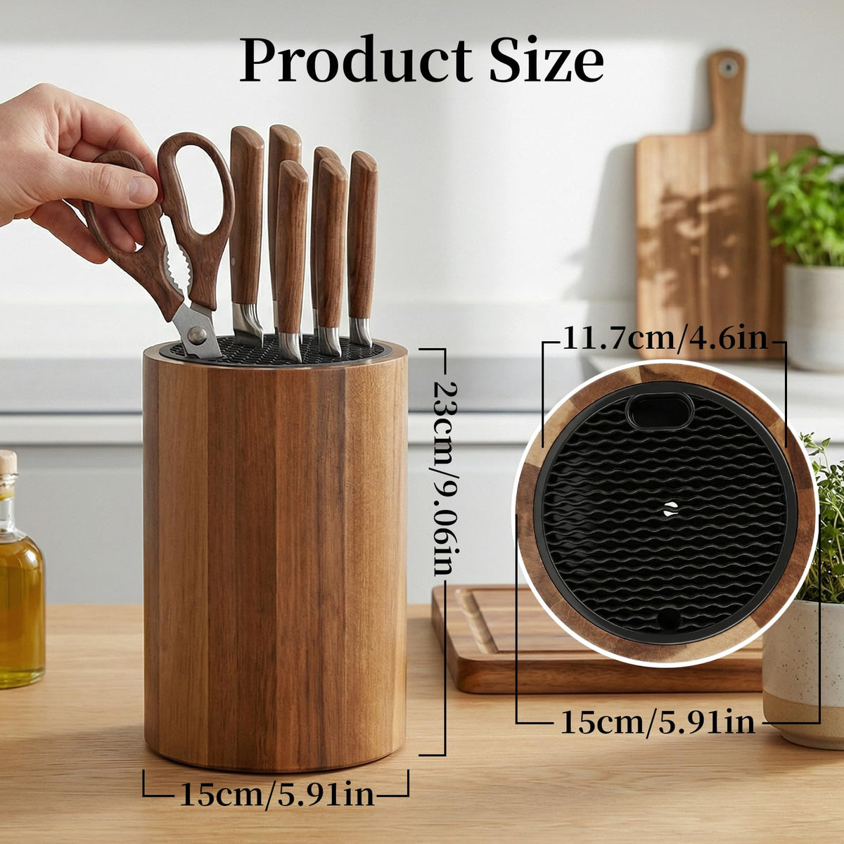 Ninonly round knife block shows parallel slots for organized blades.