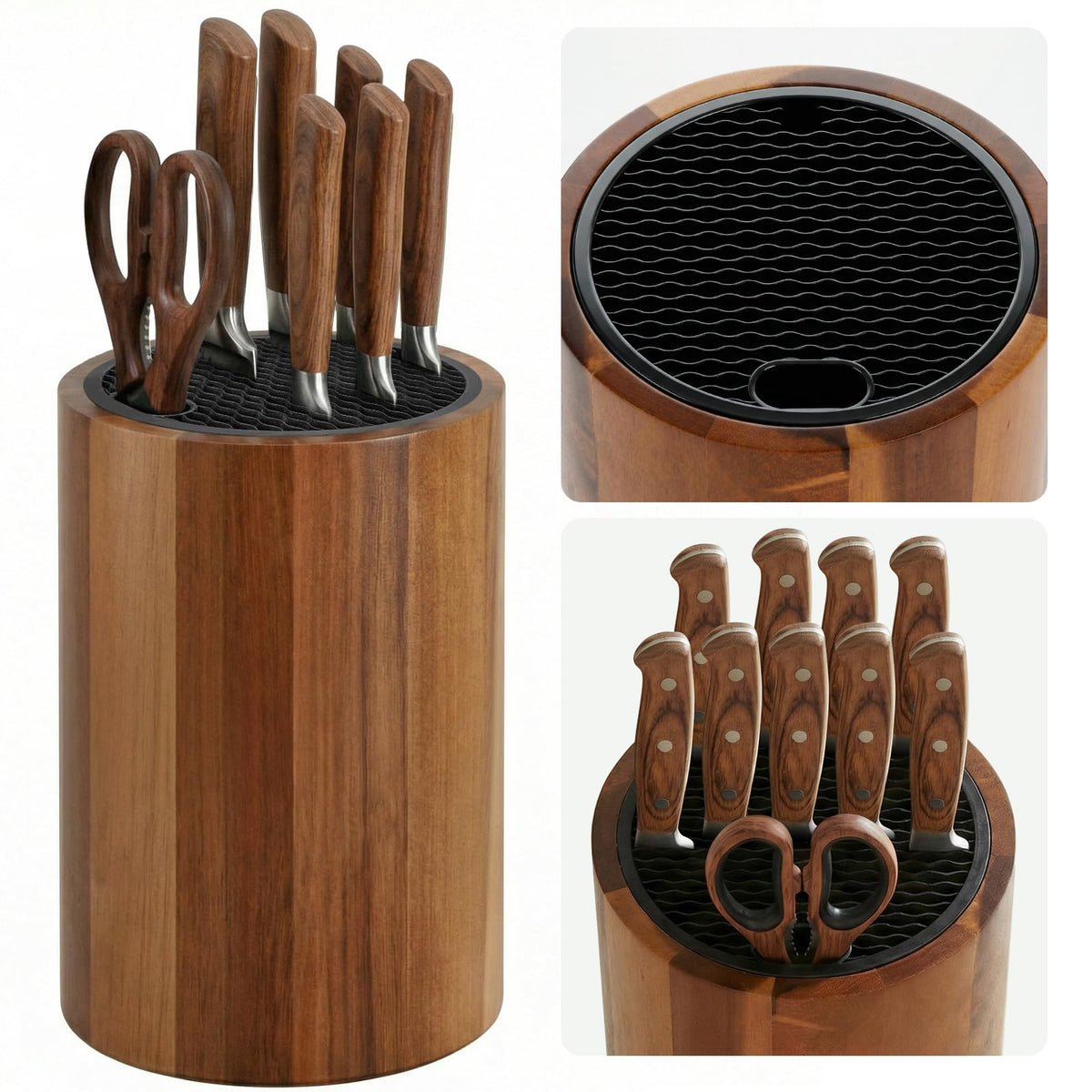 Ninonly universal knife block with round acacia wood for safe blade separation.