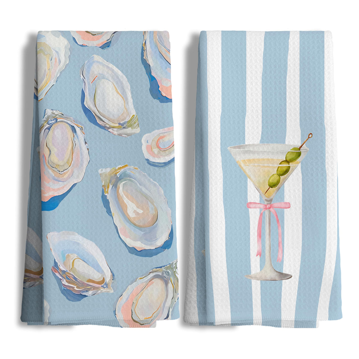 Nipil coastal oyster shell towels provide seaside style for kitchen tasks.