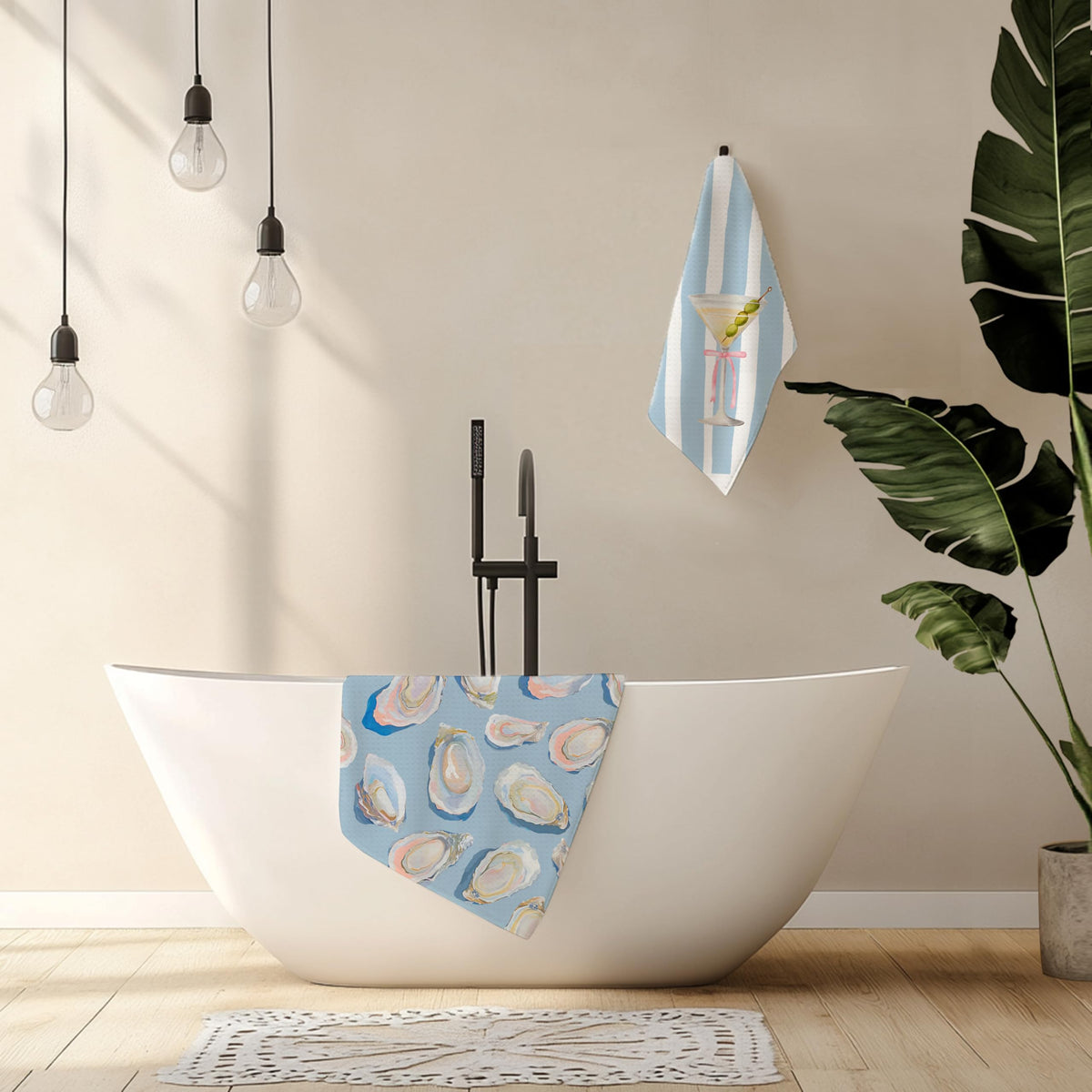 Nipil watercolor-seafood-design towels brighten dining and prep areas.