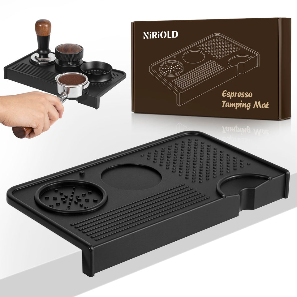 NiRiOLD espresso tamping mat front view highlighting compact, non-slip surface.