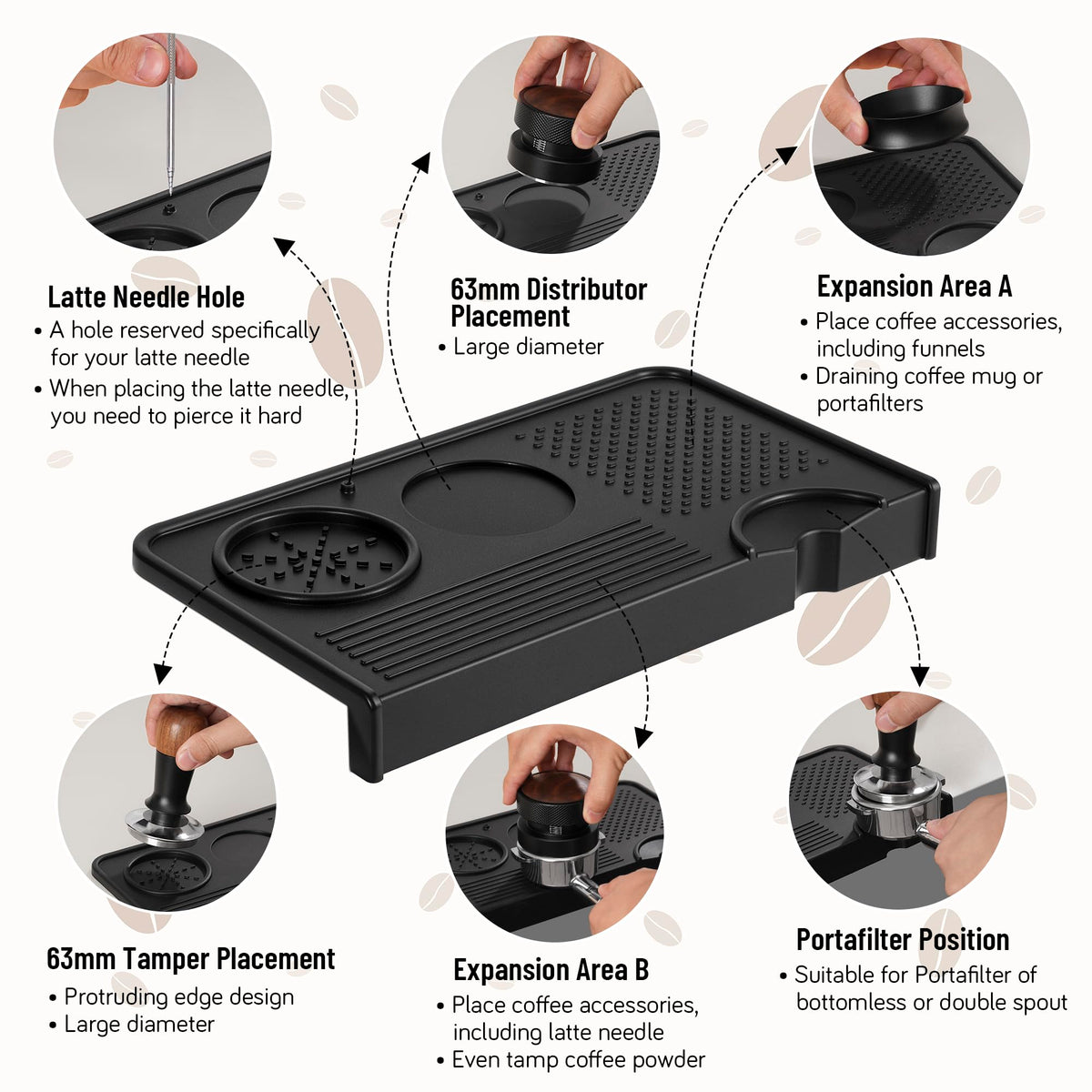 NiRiOLD tamping mat multi-slot layout for funnels, filters, and portafilters.