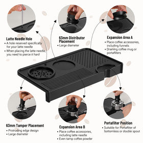 NiRiOLD tamping mat multi-slot layout for funnels, filters, and portafilters.