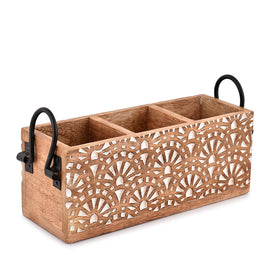 NIRMAN mango wood utensil caddy 3-compartment front view for organized countertops