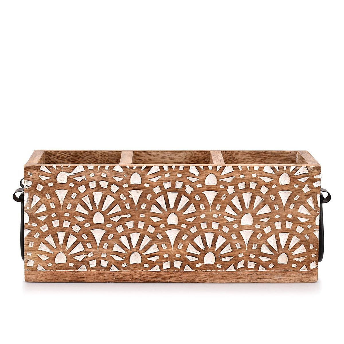 NIRMAN mango wood utensil caddy top view showing three compartments for utensils