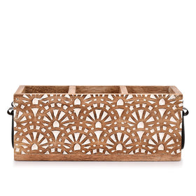 NIRMAN mango wood utensil caddy top view showing three compartments for utensils