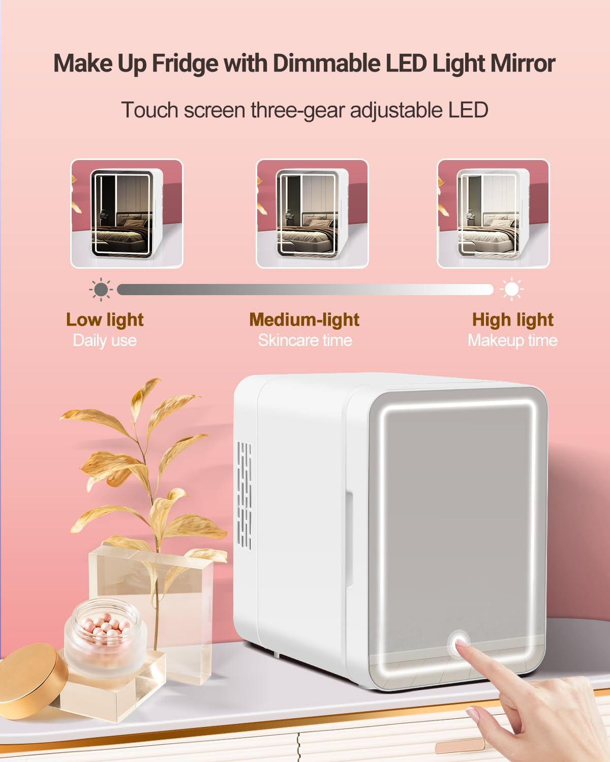 LED lighted mirror on NISHCON fridge provides bright makeup application lighting