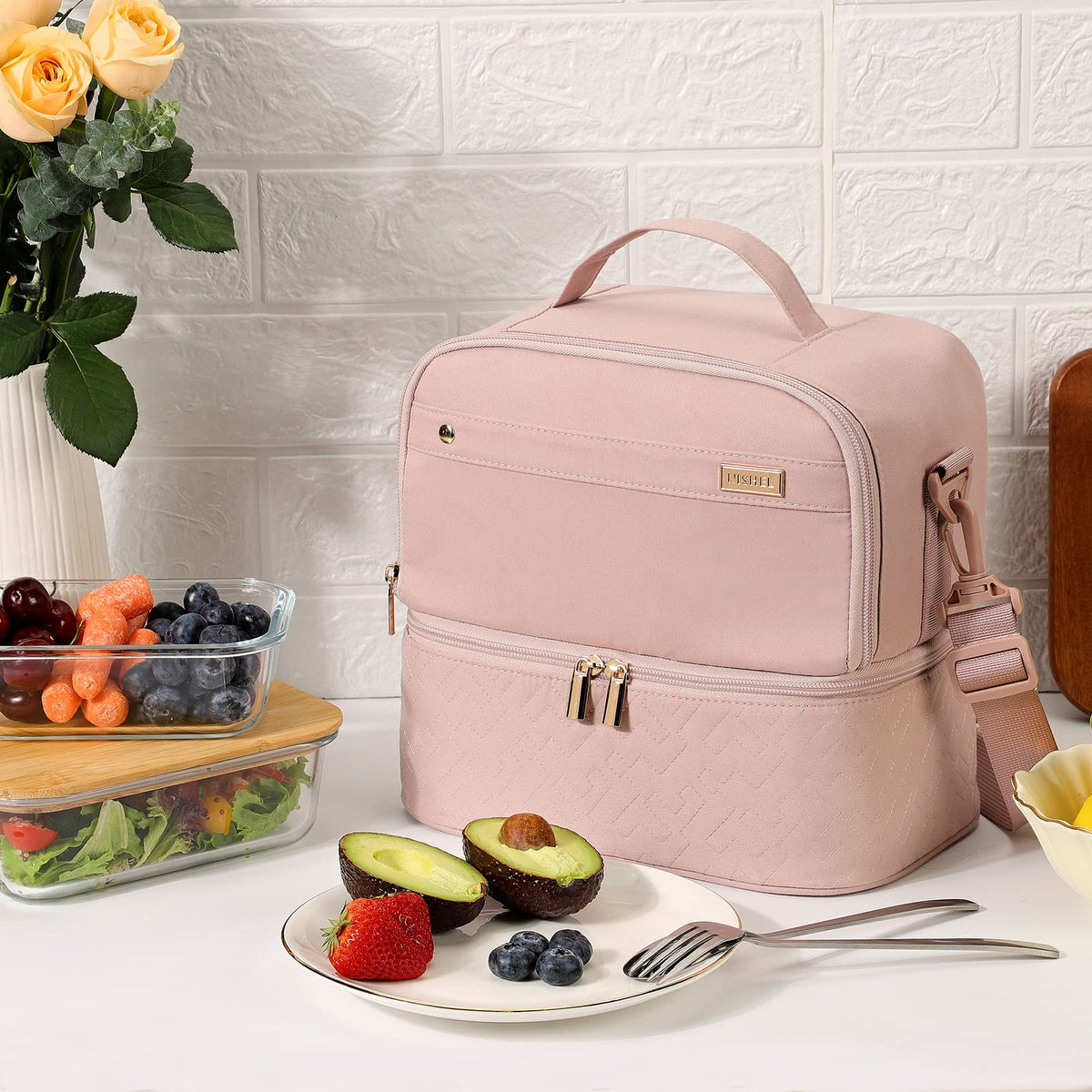 NISHEL lunch bag pink design adds a stylish daily touch.