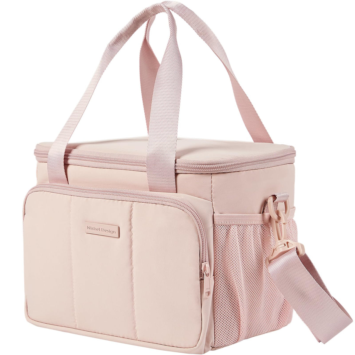 NISHEL pink lunch bag front view highlighting large 9L capacity for meals