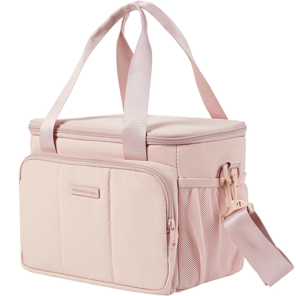 NISHEL pink lunch bag front view highlighting large 9L capacity for meals