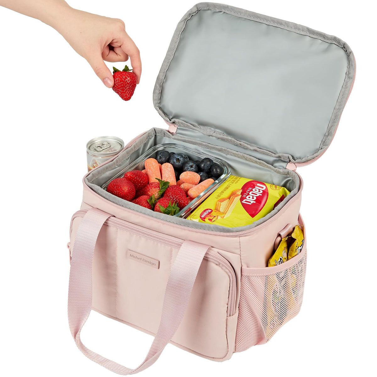 NISHEL pink lunch bag side pocket fits 500ml bottles