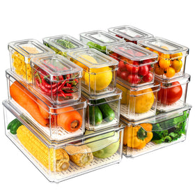 NISILIN fridge organizers 14-pack in clear bins for quick visibility and access.