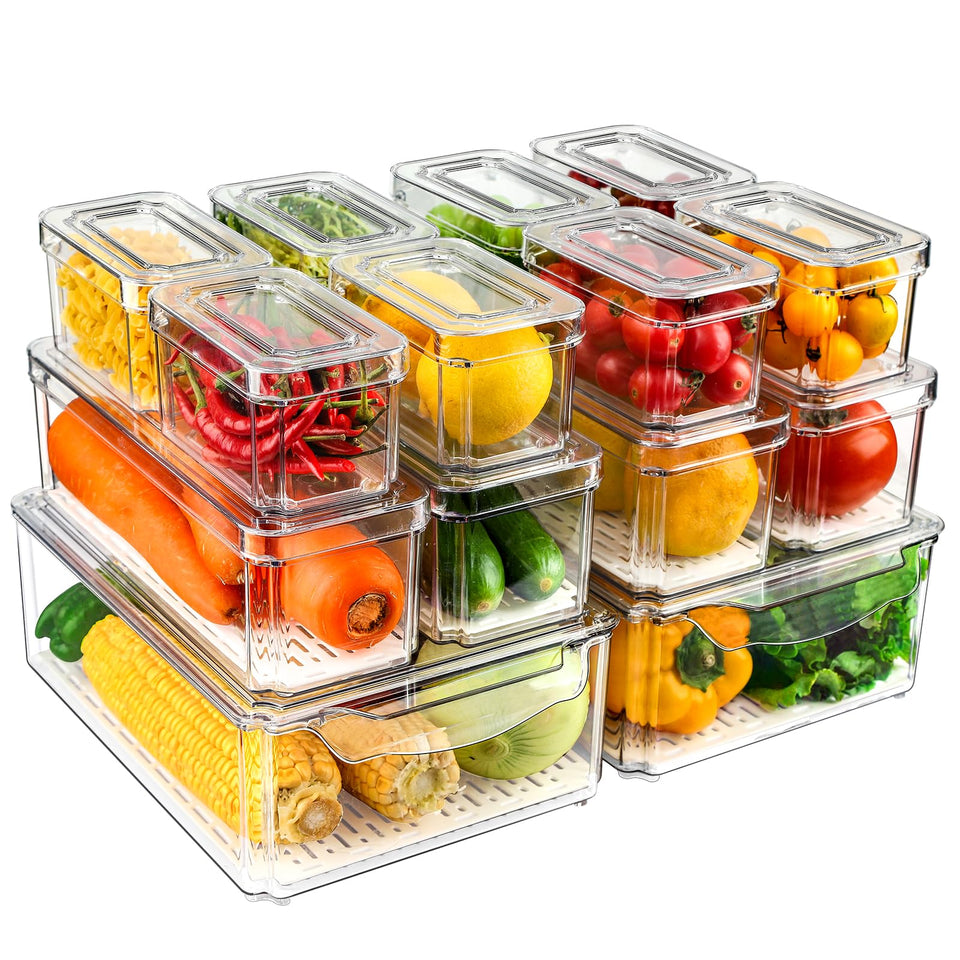 NISILIN fridge organizers 14-pack in clear bins for quick visibility and access.